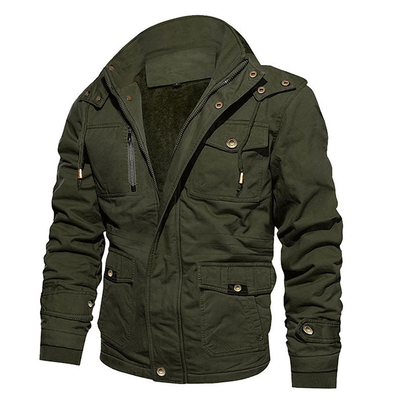Chaqueta de algodón para hombre con capucha, multibolsillos, estilo vintage, forrada de polar.