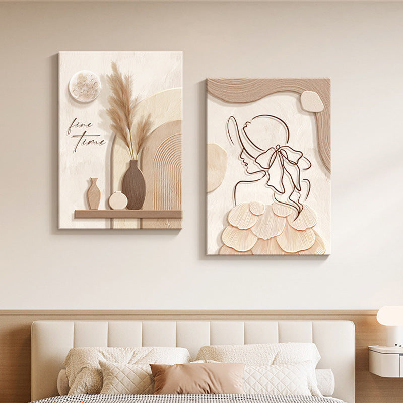 Pintura decorativa estilo crema, línea abstracta, personaje mural .