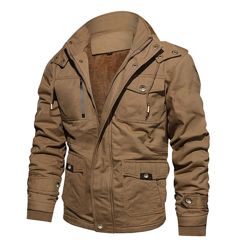 Chaqueta de algodón para hombre con capucha, multibolsillos, estilo vintage, forrada de polar.