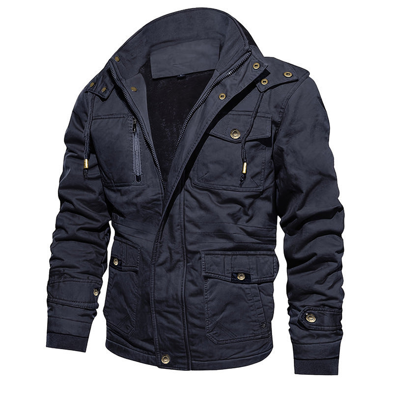 Chaqueta de algodón para hombre con capucha, multibolsillos, estilo vintage, forrada de polar.