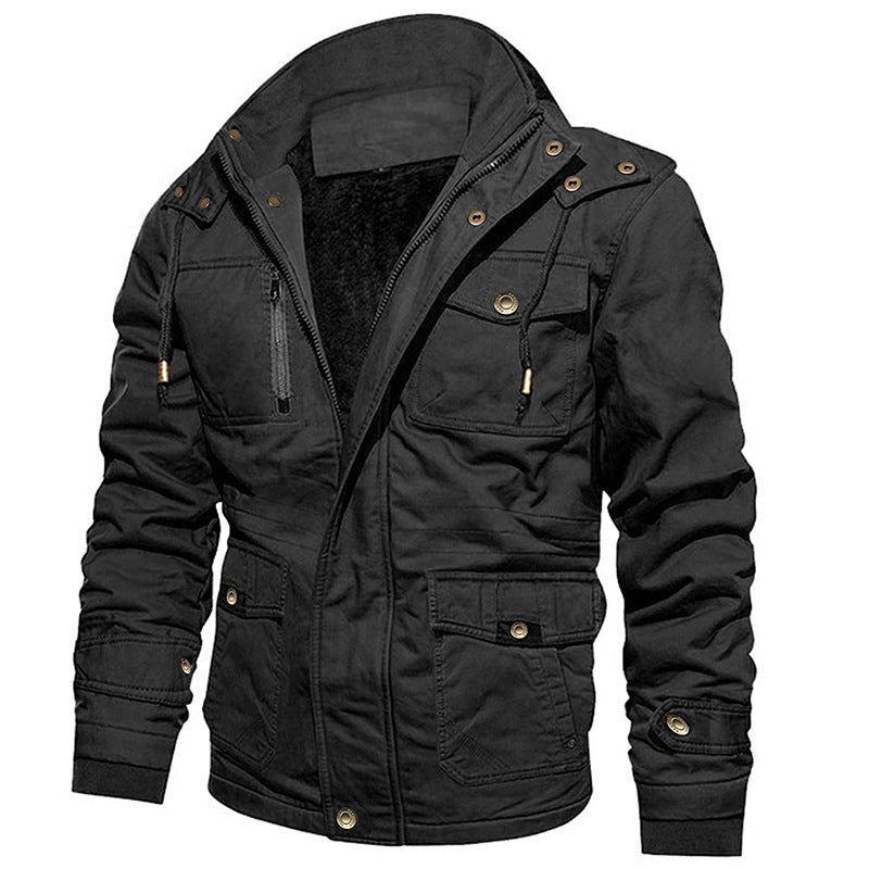 Chaqueta de algodón para hombre con capucha, multibolsillos, estilo vintage, forrada de polar.