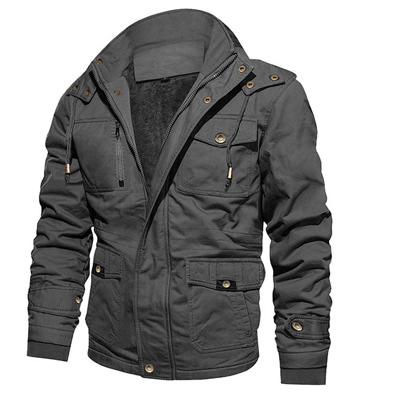 Chaqueta de algodón para hombre con capucha, multibolsillos, estilo vintage, forrada de polar.